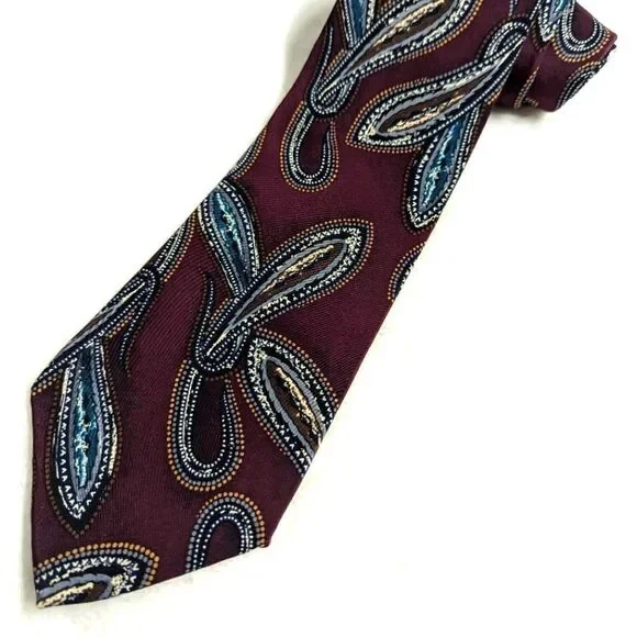 Men's Vintage 100% Italian Silk Tie - Burgandy Paisley Motif - Picture 9 of 11